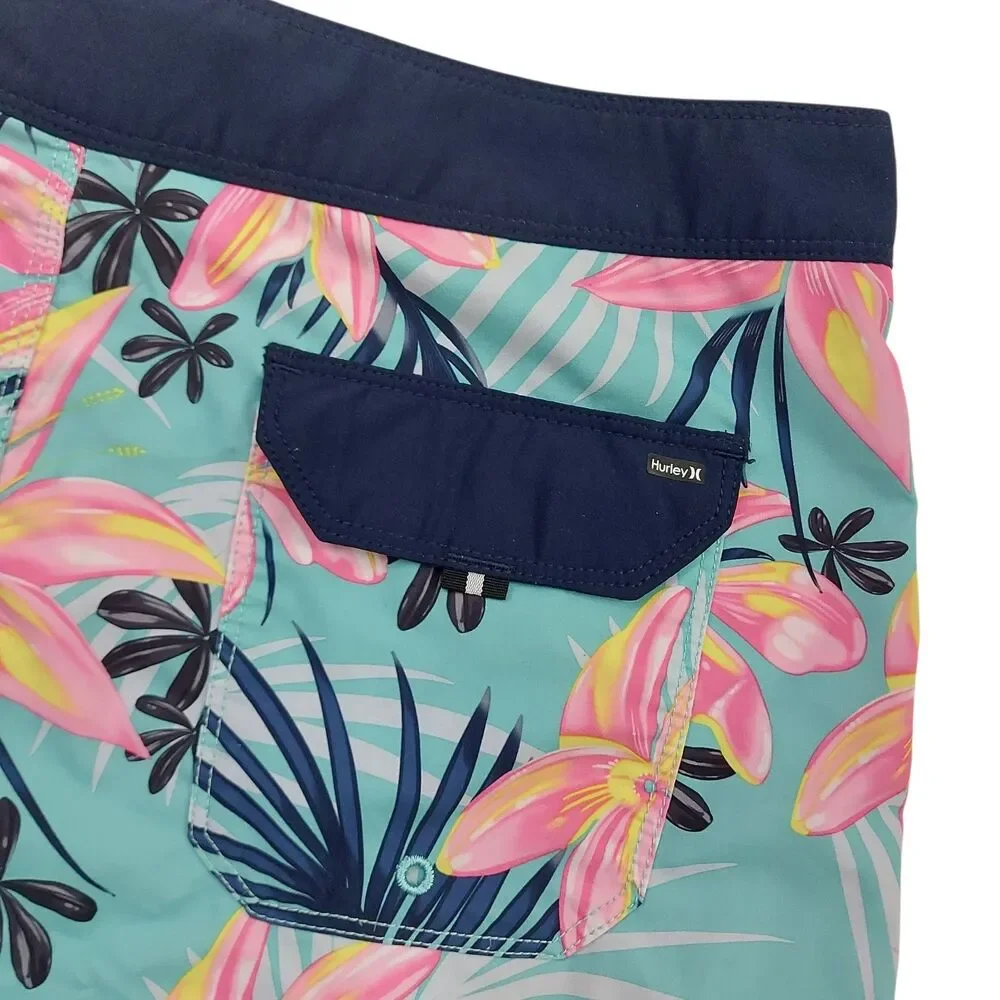 Hurley Phantom Board Shorts Mens 32 Green Hawaiian Print Beach Travel Outdoor